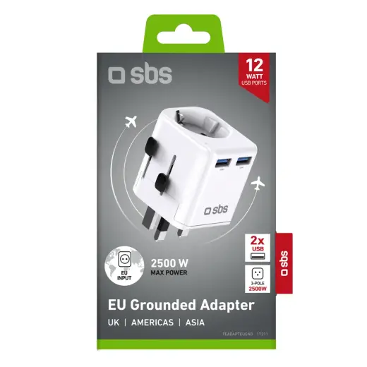 SBS universal travel adapter - EU 2xUSB-A - white Фото num