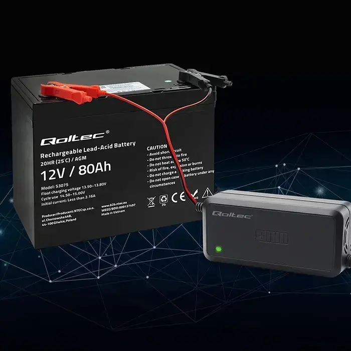 Qoltec Intelligent microprocessor charger 12V 5A | Rectifier for AGM GEL SLA battery | 6 - stage charging Photo