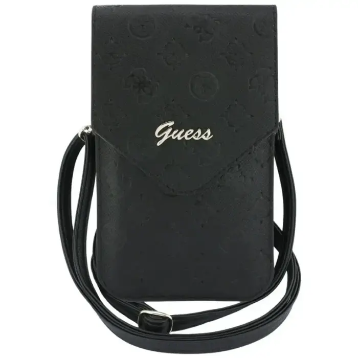 Guess Hot Stamped Peony Leather Phone Bag with Metal Classic Logos & Strap – Black