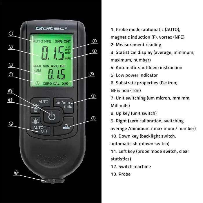 Qoltec Coating thickness gauge with LCD | 0 ~ 2000um Foto 9