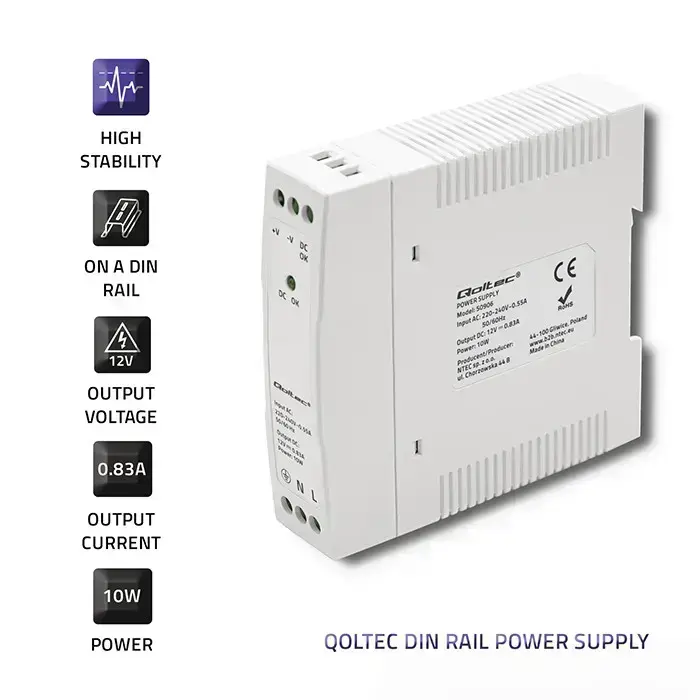 Qoltec DIN rail power supply | 10W | 12V | 0.83A | White | Slim Фото num