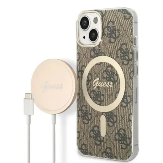 Zestaw Guess GUBPP14SH4EACSW Case+  Charger iPhone 14 | 15 | 13 6,1" brązowy|brown hard case 4G Print MagSafe Фото num
