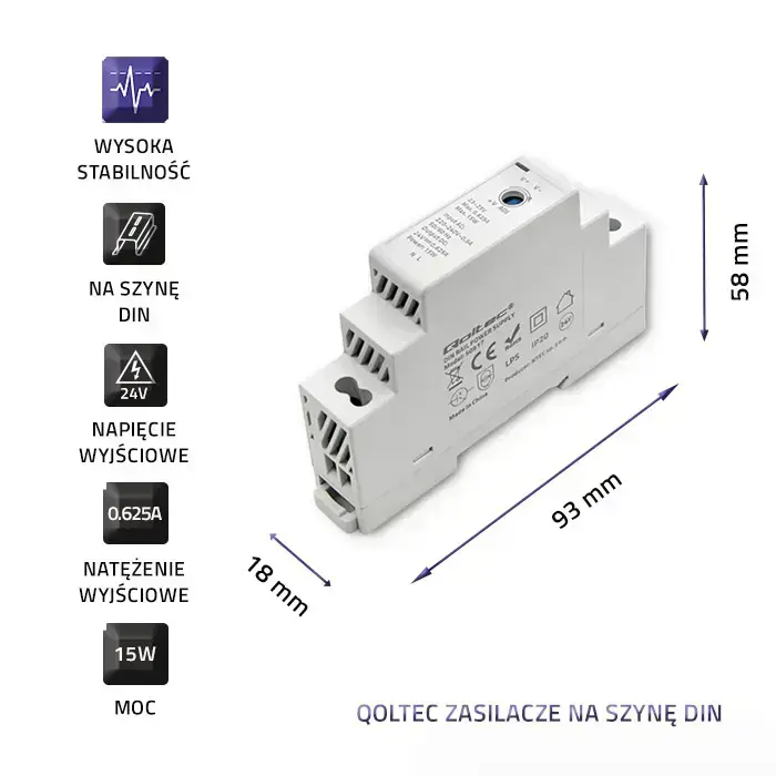 Qoltec DIN rail power supply | 15W | 24V | 0.625A | Gray Foto 4