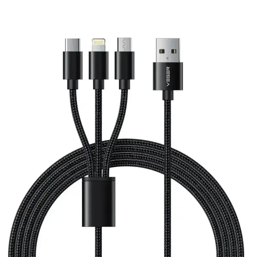 Veger V303 3-in-1 data transfer and charging cable | USB-A to Lightning, USB-C, Micro USB | 12W | 1.2m | black