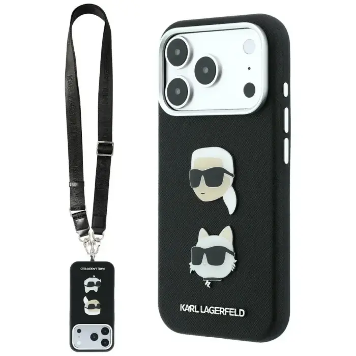 Case Karl Lagerfeld Saffiano Karl&Choupette Heads Pins Strap Logo for iPhone 18 Pro / 17 Pro black