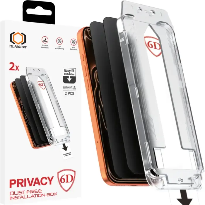 Tel Protect Dust-Free Easy Fit Full Glue 6D aizsargstikls telefona ekrānam iPhone 18 Pro (privātuma efekts) (2 gab.)