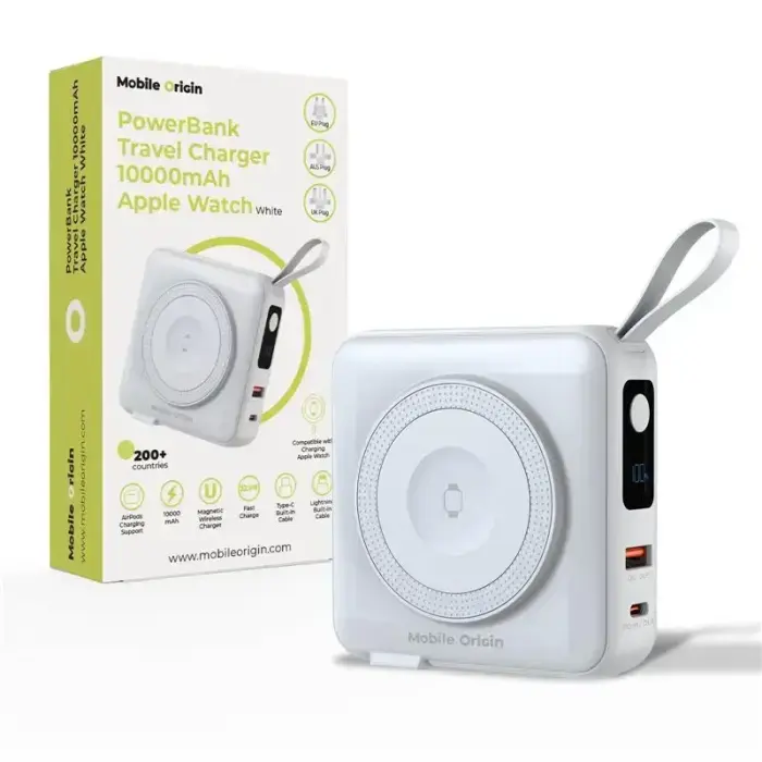 Mobile Origin PowerBank & Travel Charger, Lightning/USB-C Cable, MagSafe/AW/iPhone Compatible, white