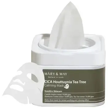 Mary and May, CICA Houttuynia Tea Tree Calming, Soothing & Calming, Sheet Mask, For Face, Weekly or as needed, 30 pcs