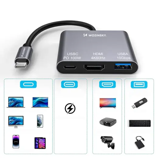 Hub Wozinsky WHCH-01 USB-C PD 100W HDMI 4K@30Hz USB-A 10Gbps - gray Foto 5