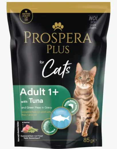 Konservi kaķiem - Prospera Plus, Cat Pouch Adult 1+, Tuna and Peas, 85 g