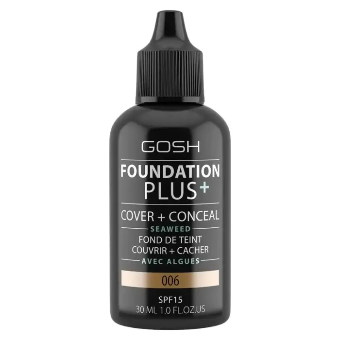 Gosh, Foundation Plus+, Cover & Conceal, Liquid Foundation, 006, Honey, SPF15, 30 ml