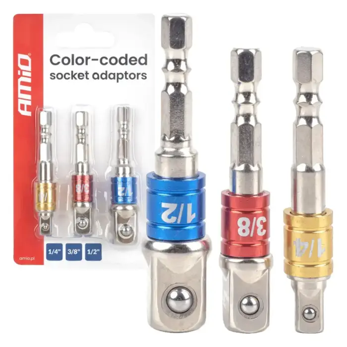 Color-coded socket adaptors 3el. 1/4" 3/8" 1/2" AMIO-04936