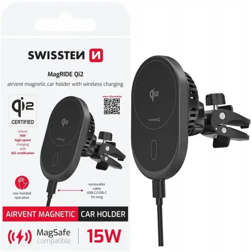 Swissten Magnetic Auto Turētājs MagRide ar Bezvadu Uzlādi Qi2 15W (MagSafe compatible)