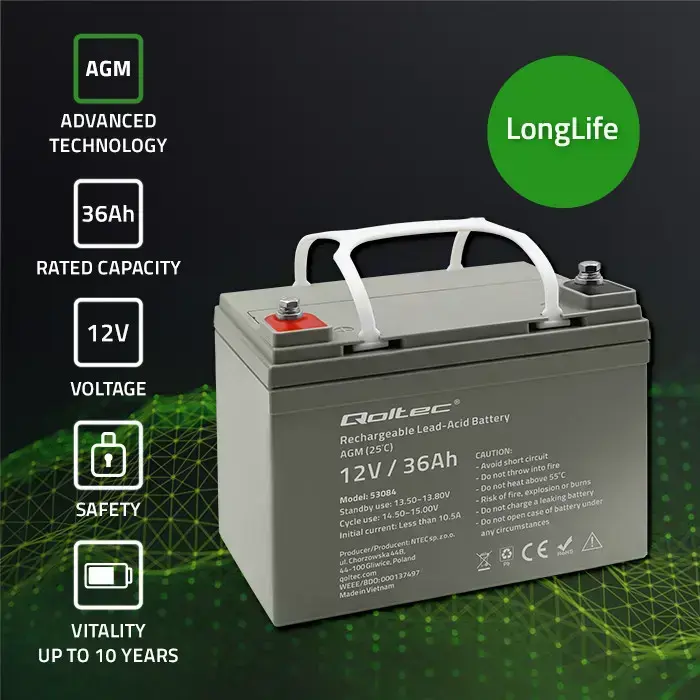 Qoltec  AGM battery | 12V | 36Ah | Maintenance-free | Efficient| LongLife | for UPS, scooter Foto 3