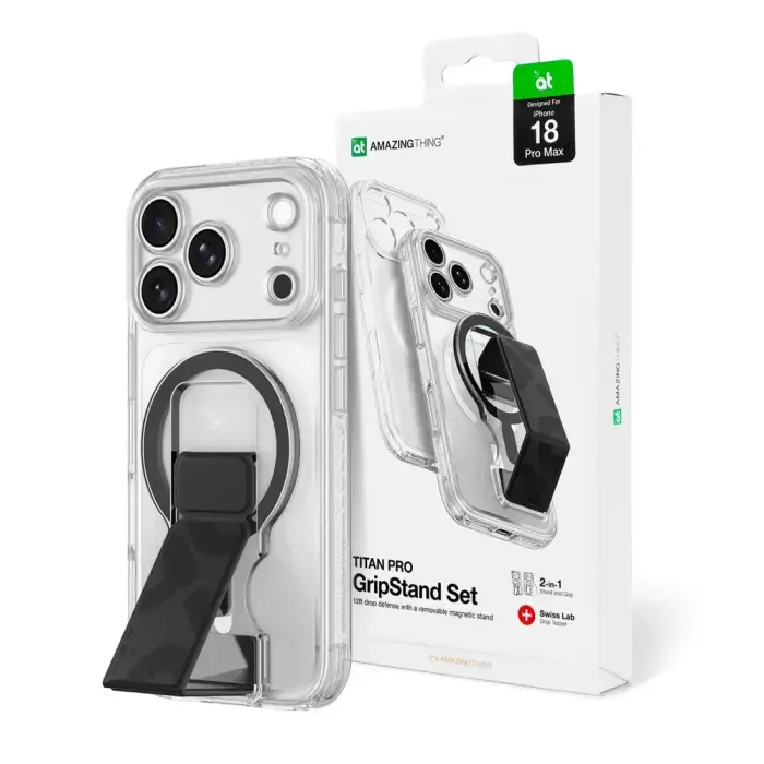 AmazingThing Titan Pro Lens Stand Set phone case with stand and MagSafe support for iPhone 18 Pro Max transparent