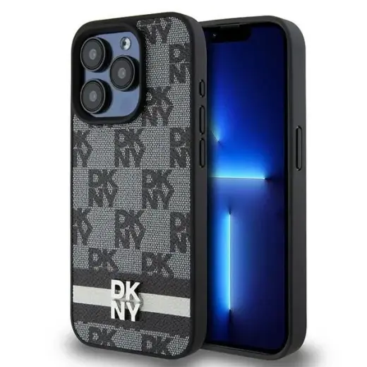 DKNY Leather Checkered Mono Pattern & Printed Stripes iPhone 15 Pro Case - Black