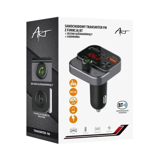 ART transmiter FM bluetooth 5.0 + USB A QC3.0 + Typ C (total 30W) FM-84B black Фото num