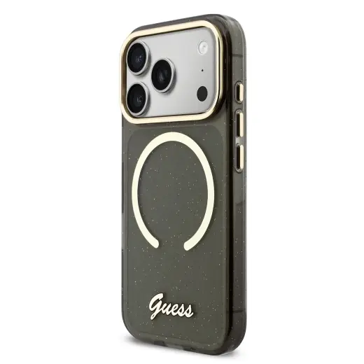 Guess IML Glitter Script Strap MagSafe Case for iPhone 17 Pro Black