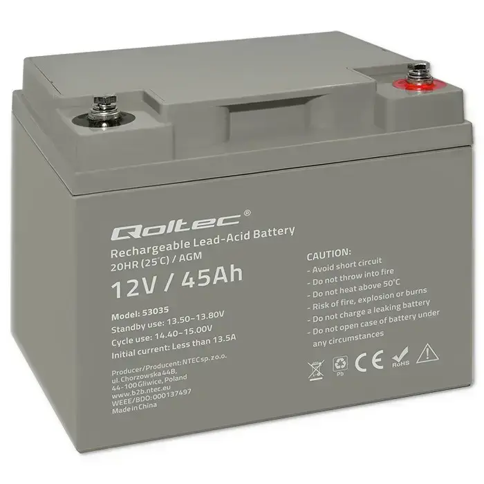 Qoltec AGM battery | 12V | 45Ah | Maintenance-free | Strong | LongLife | for UPS, RV, boat, heater