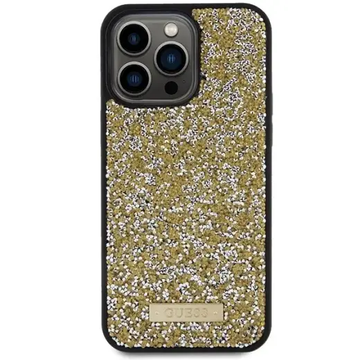 Guess Rhinestone Metal Logo case for iPhone 15 Pro - yellow Фото num