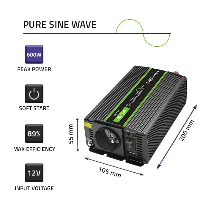 Qoltec Pure Sine Wave Inverter Monolith| 300W | 600W | 12V to 230V Foto 7