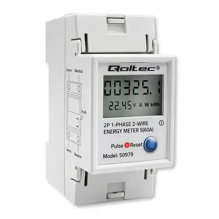 Qoltec Single-phase electronic energy consumption meter for DIN rail | RESET | periodic and continuous meter | 230V | 60A | LCD | LED | 2P Фото num