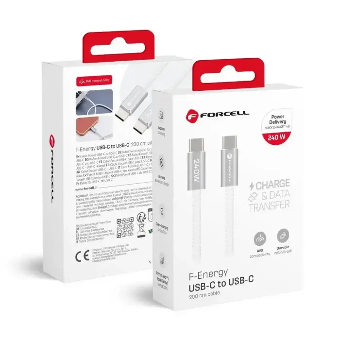 Forcell F-Energy Cafule Color CBN1 data transfer and charging cable | USB-C to USB-C | QC 4.0, PD | 240W | 2m | white
