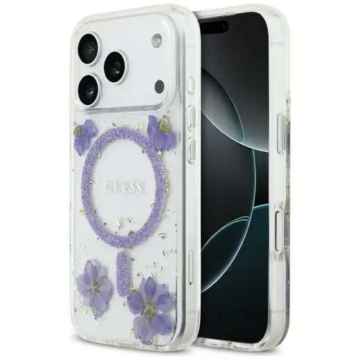 Case Guess Resin Flowers Glitter MagSafe for iPhone 17 Pro purple