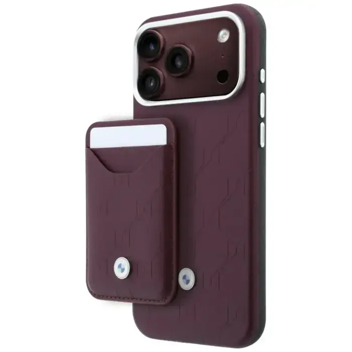 BMW Quilted Pattern Metal Logo Case + Wallet Set for iPhone 18 Pro Max / 17 Pro Max Burgundy