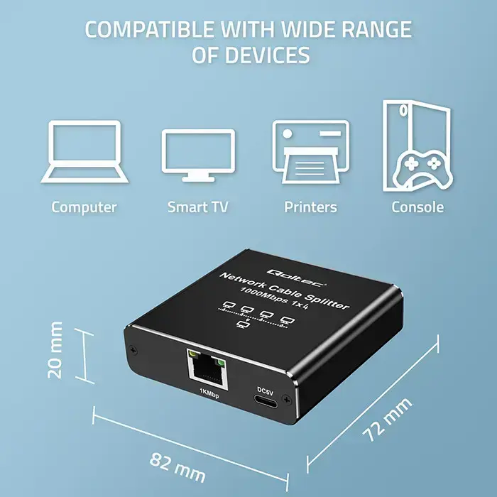 Qoltec Splitter Ethernet mini SWITCH 1x4 RJ45 | 1000Mb/s | USB-C | Aluminium Foto 2
