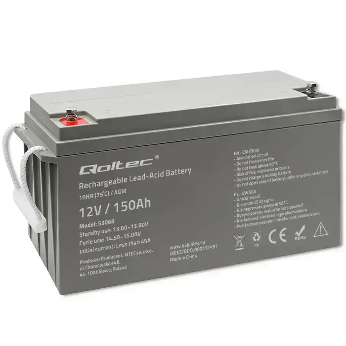 Qoltec AGM battery | 12V | 150Ah | 40.1kg | Maintenance-free | Strong | LongLife | for UPS, RV, boat, heater
