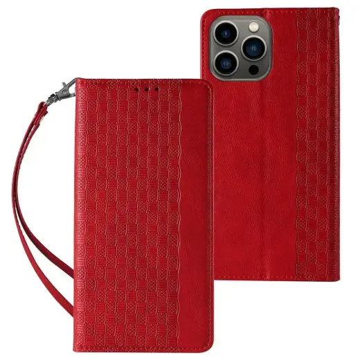 Magnet Strap grāmatveida maciņš ar statīvu telefonam iPhone 14 Plus sarkans
