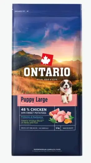 Barība kucēniem – Ontario Puppy and Junior Large, Chicken and Sweet Potatoes, 12 kg