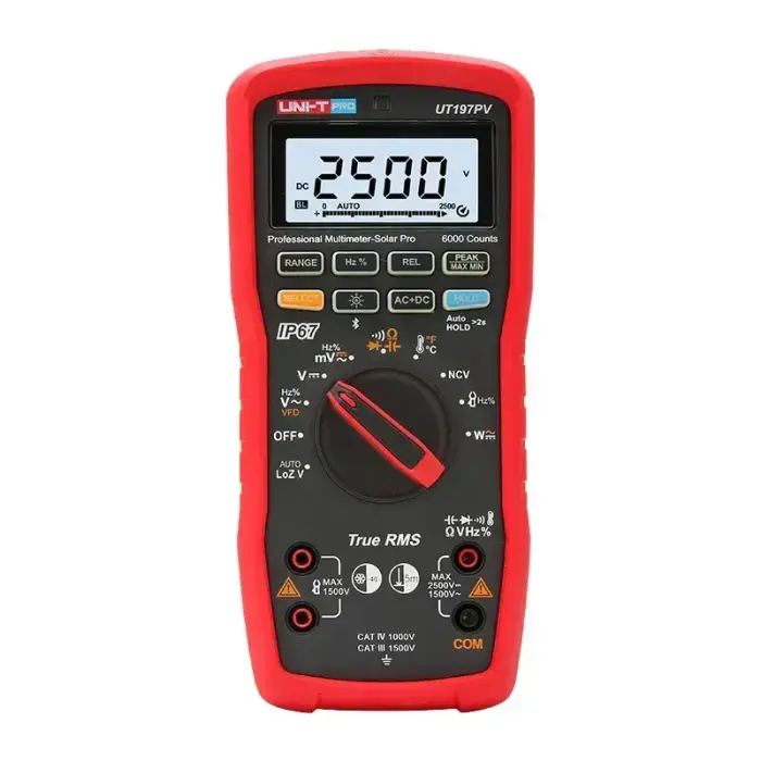Multimeter-Solar Pro, 2,5kV DC, 1kV AC, 10A AC/DC, 60M?; 60mF; 1MHz; 1000?, TRMS, 5m drop, IP67, Bluetooth, CAT IV 1000V&CAT III 1500V, UNI-T