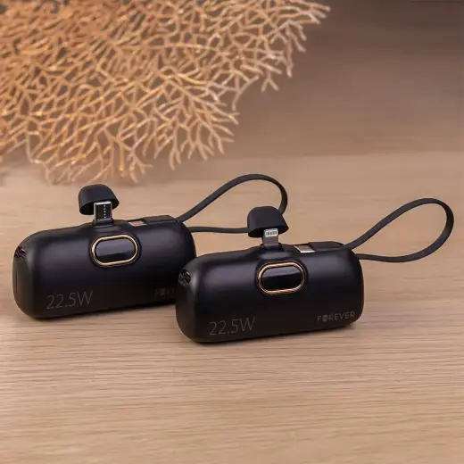 Forever mini MTB-100 external battery (powerbank) | 5000 mAh | 22.5W | Lightning, USB-C | LED display | black Photo