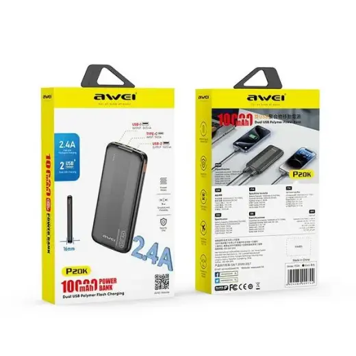 AWEI Ārējais akumulators (powerbank) P20K 10000mAh melns Foto 3