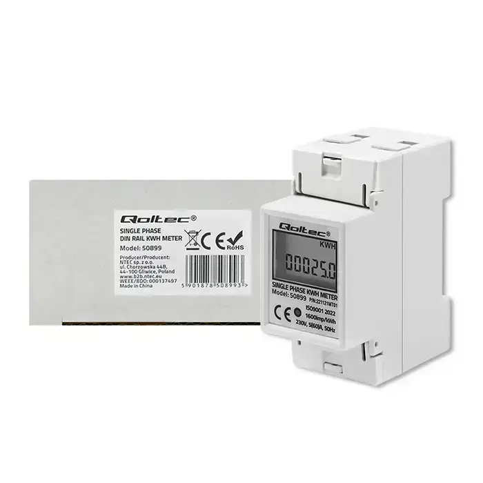 Qoltec Single phase electronic energy consumption meter | 230 V | LCD | 2P | DIN rail Фото num