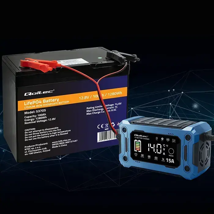 Qoltec Intelligent microprocessor charger 12V 15A | Rectifier with repair function and maintaining power supply during battery replacement | for AGM GEL LiFePO4 | LCD Foto 8