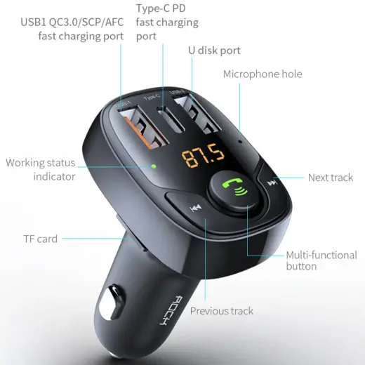 Rock Transmiter FM B301 MP3, Bluetooth - 2xUSB + Type C + micro SD - 36W black Фото num