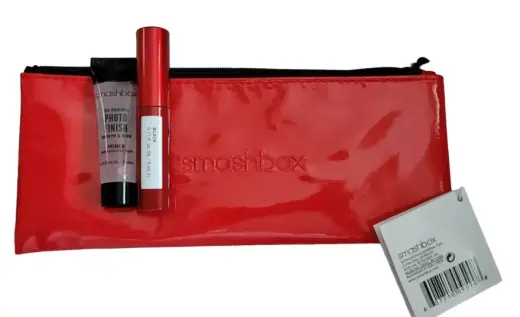Deluxe Trial Size Set Smashbox: Super Fan, Volumizing, Mascara, Black, 5 ml + Photo Finish, Smoothing, Liquid Primer, 7.1 ml + Textile Makeup Bag, Red