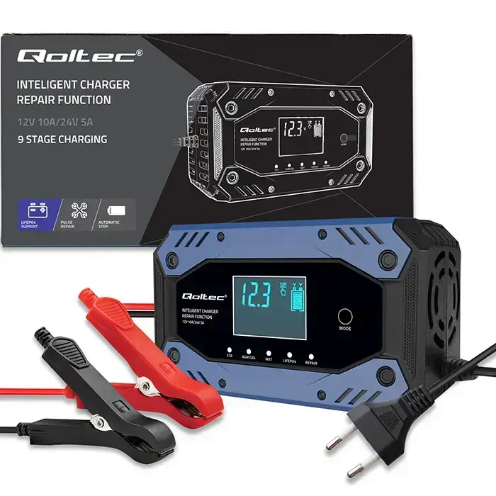 Qoltec Intelligent charger for STD AGM GEL LiFePO4 | Battery charger with repair function |12-24V |10A | LCD | 9 - stage charging Photo