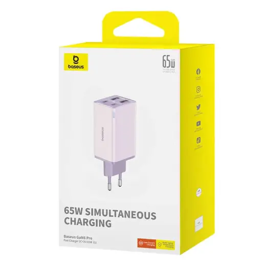 Baseus GAN6 Pro Fast Charger, 2xUSB-C + 2xUSB, 65W (purple) Foto 9