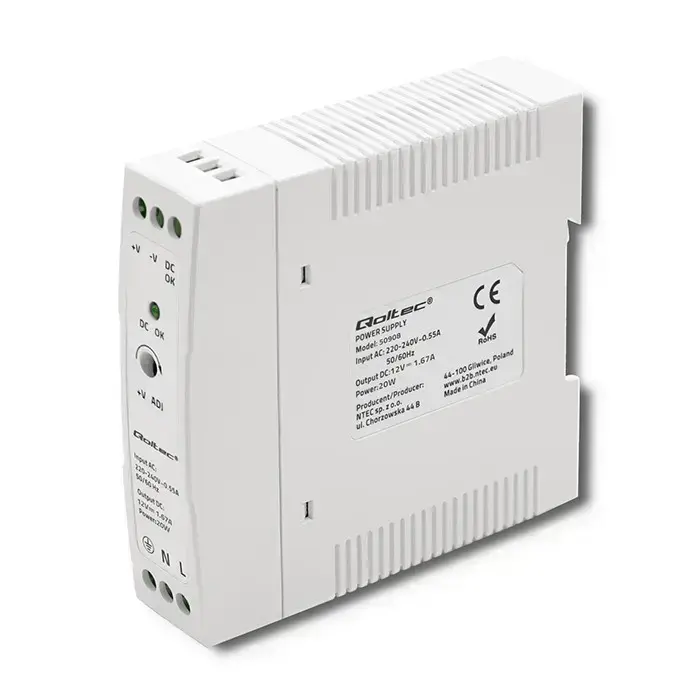 Qoltec DIN rail power supply | 20W | 12V | 1.67A | White | Slim Фото num
