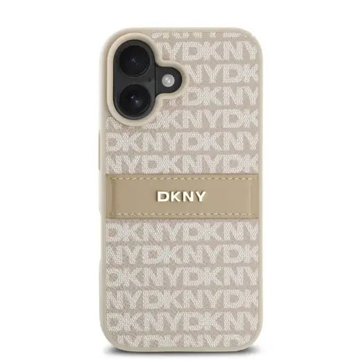 DKNY PU Leather Repeat Pattern Tonal Stripe Case for iPhone 16 Plus Pink