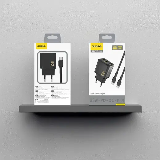 Dudao A26TCEU PD QC 25W GaN USB-A USB-C Wall Charger with USB-C Cable - Black Foto 5