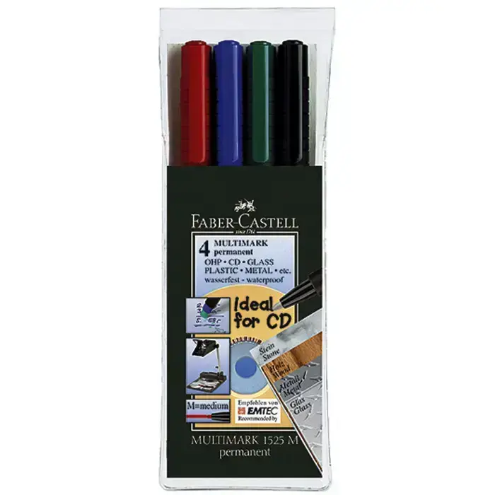 Noturīgais marķieris CD/DVD diskiem FABER CASTELL MULTIMARK M konisks, komplekts 4 krāsas