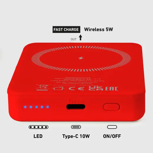 5000 mAh беспроводной магнитный Внешний аккумулятор (powerbank) Красный Фото num