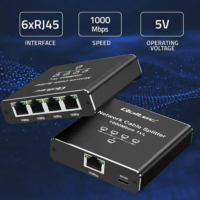 Qoltec Splitter Ethernet mini SWITCH 1x4 RJ45 | 1000Mb/s | USB-C | Aluminium Foto 5