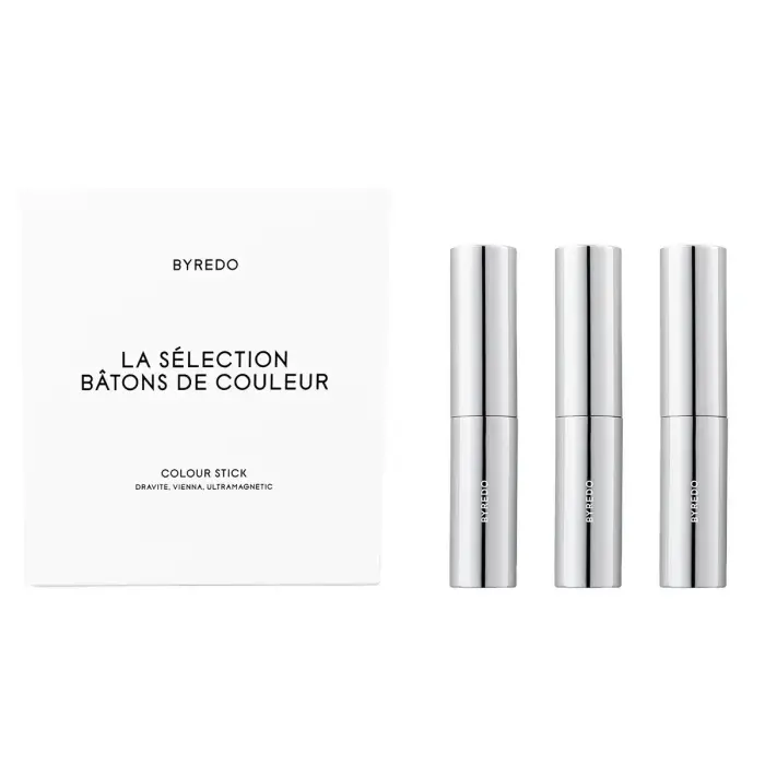 Set Byredo: Colour Stick, Multifunctional, Eyeshadow Stick, Dravite, 3.5 g + Colour Stick, Multifunctional, Eyeshadow Stick, Vienna, 3.5 g + Colour Stick, Multifunctional, Eyeshadow Stick, 580, Ultramagnetic, 3.5 g + Byredo, GWP Textile Pouch
