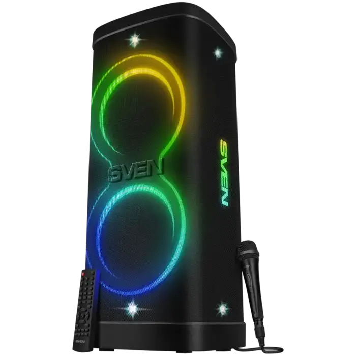 Speaker Party Box SVEN PS-1250, black (300W, TWS, IPx4, Bluetooth, FM, USB, microSD, LED-display, 13500mAh)